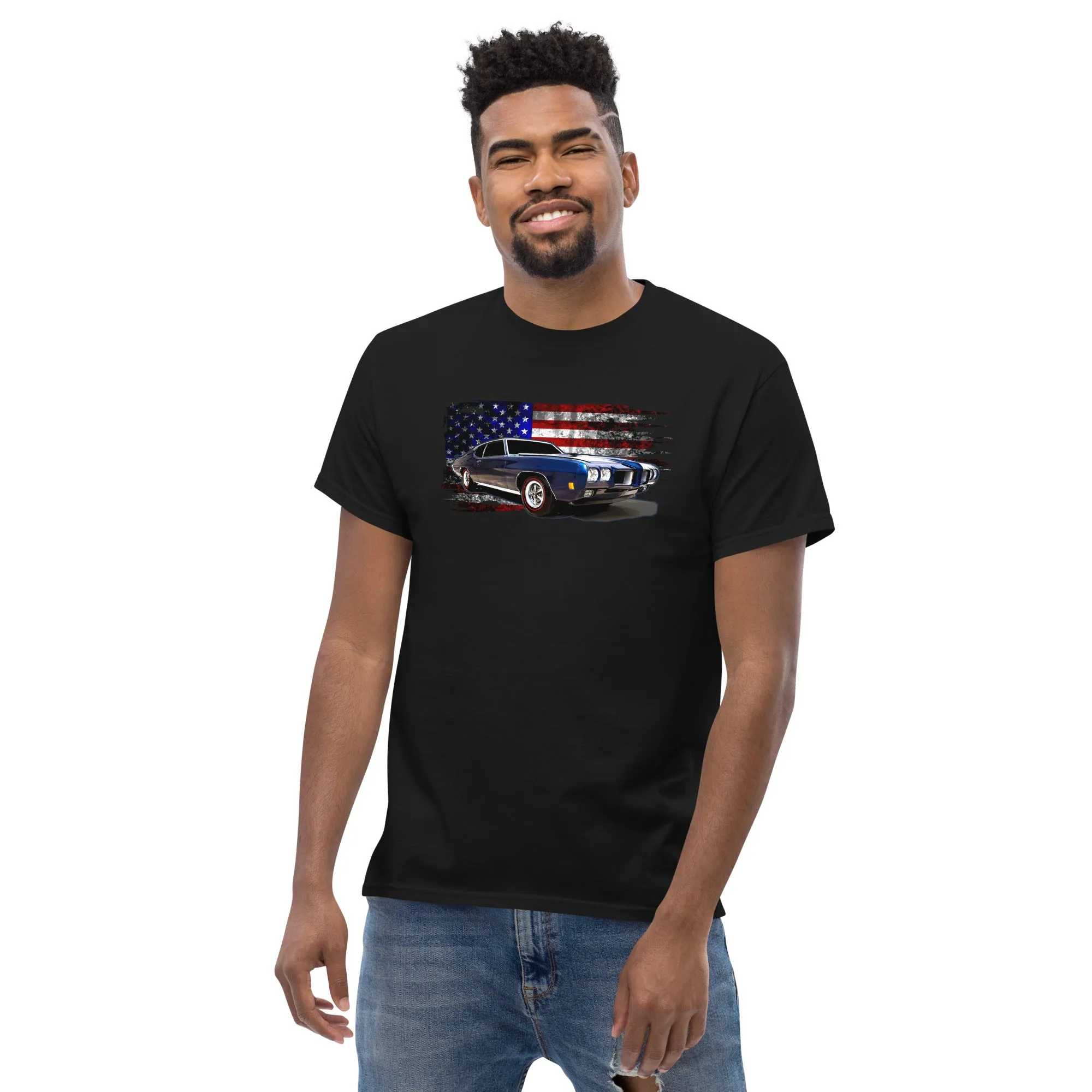 1970 GTO American Muscle Car T-Shirt With American Flag Design