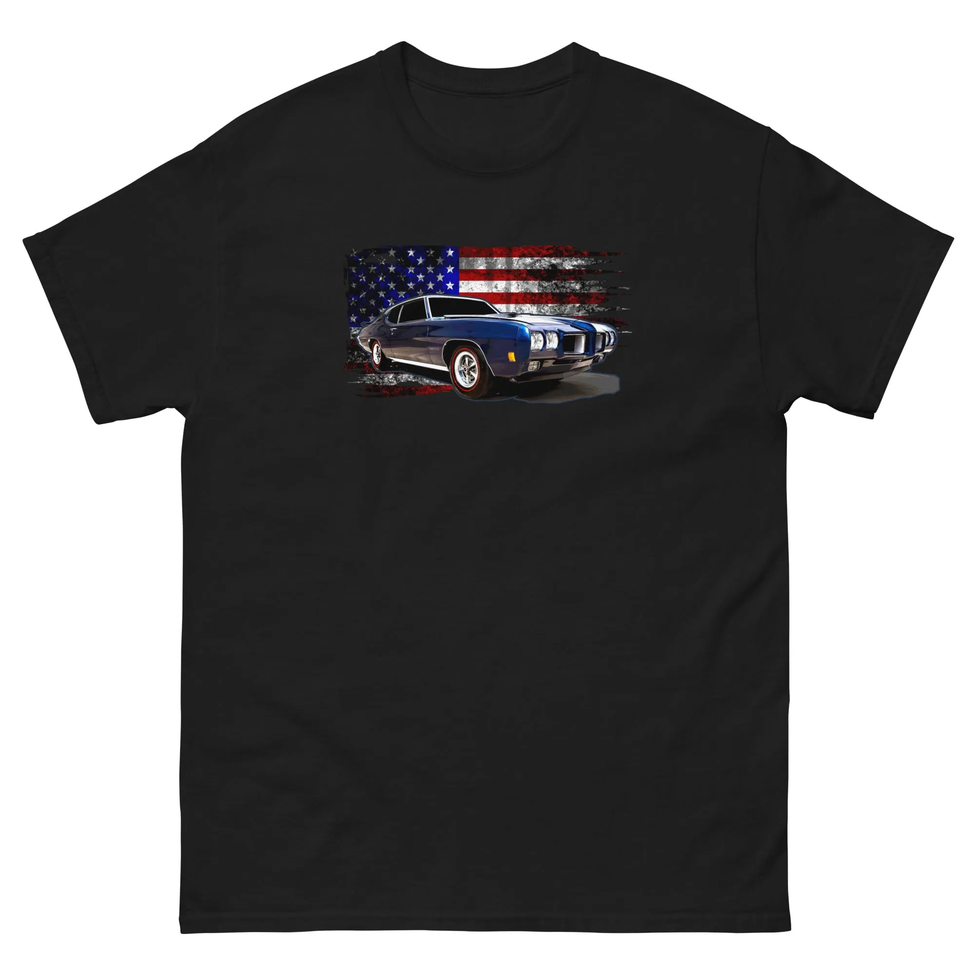 1970 GTO American Muscle Car T-Shirt With American Flag Design