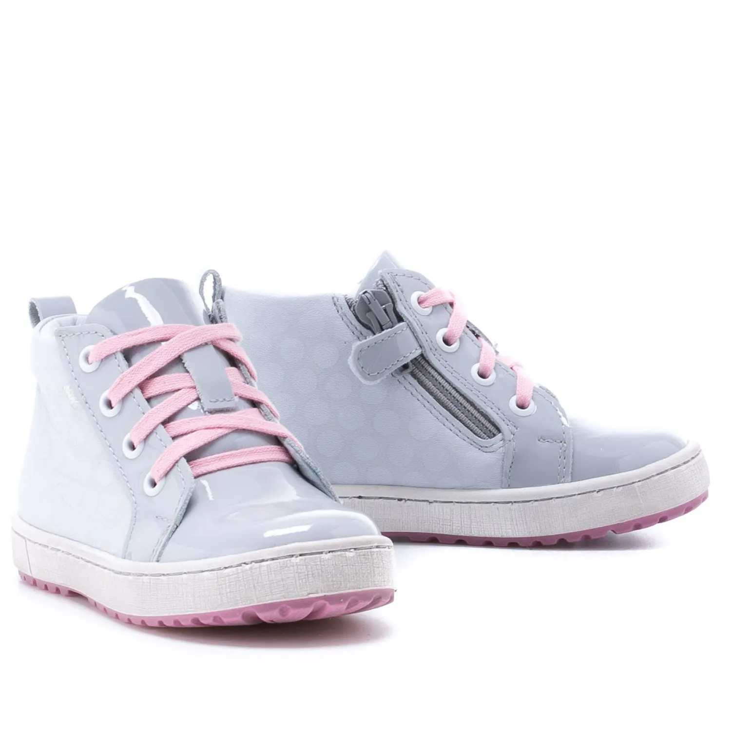 (2624C-3) Grey Pink Patented Lace Up Sneakers with zipper