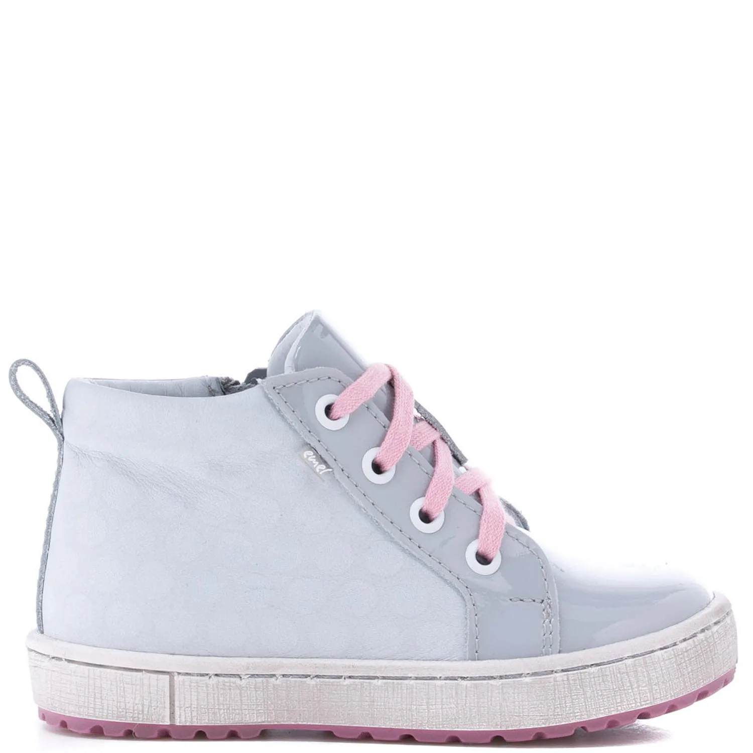 (2624C-3) Grey Pink Patented Lace Up Sneakers with zipper