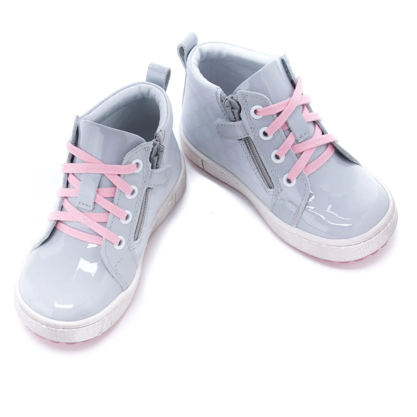 (2624C-3) Grey Pink Patented Lace Up Sneakers with zipper