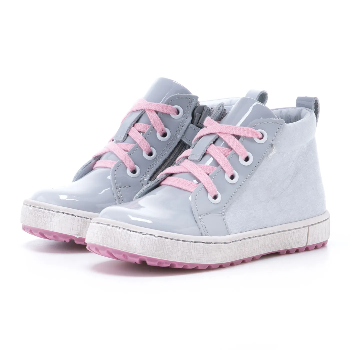 (2624C-3) Grey Pink Patented Lace Up Sneakers with zipper