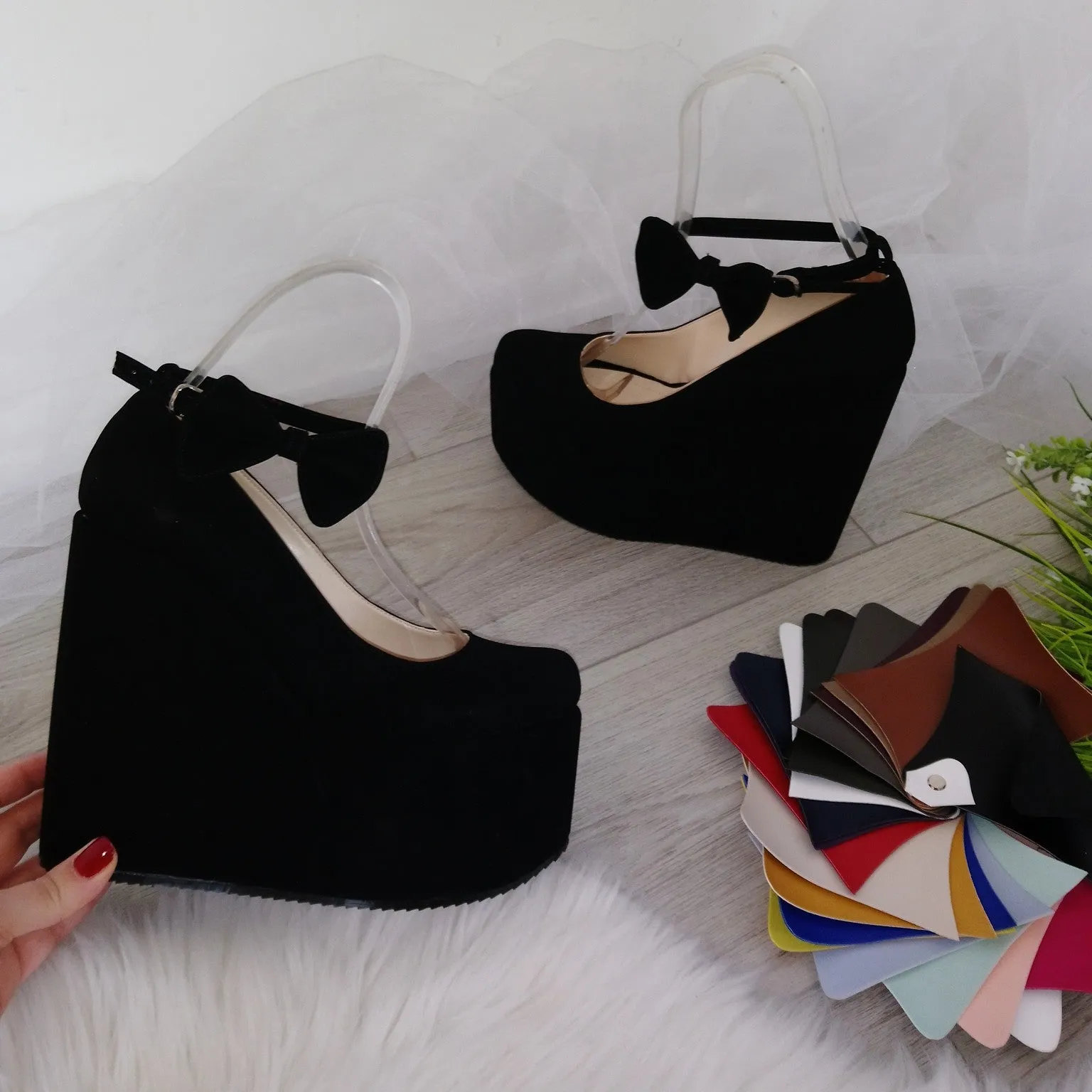 Ankle Strap  Black Faux Suede High Heel Wedge Shoes