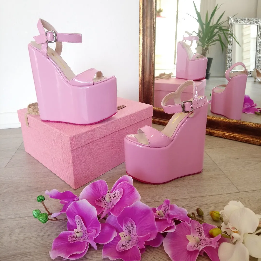 Ankle Strap Pink Platform High Heel Wedge Sandals