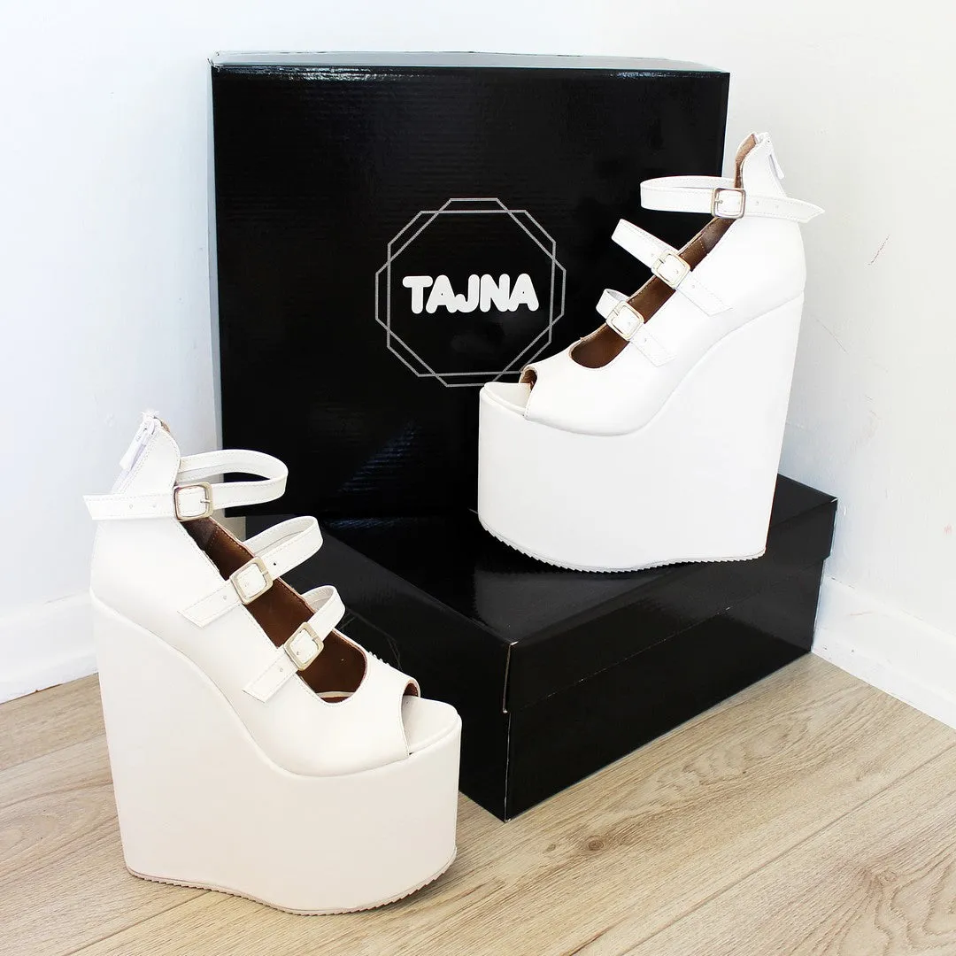 Belted White Peep Toe Wedged Platform Shoes