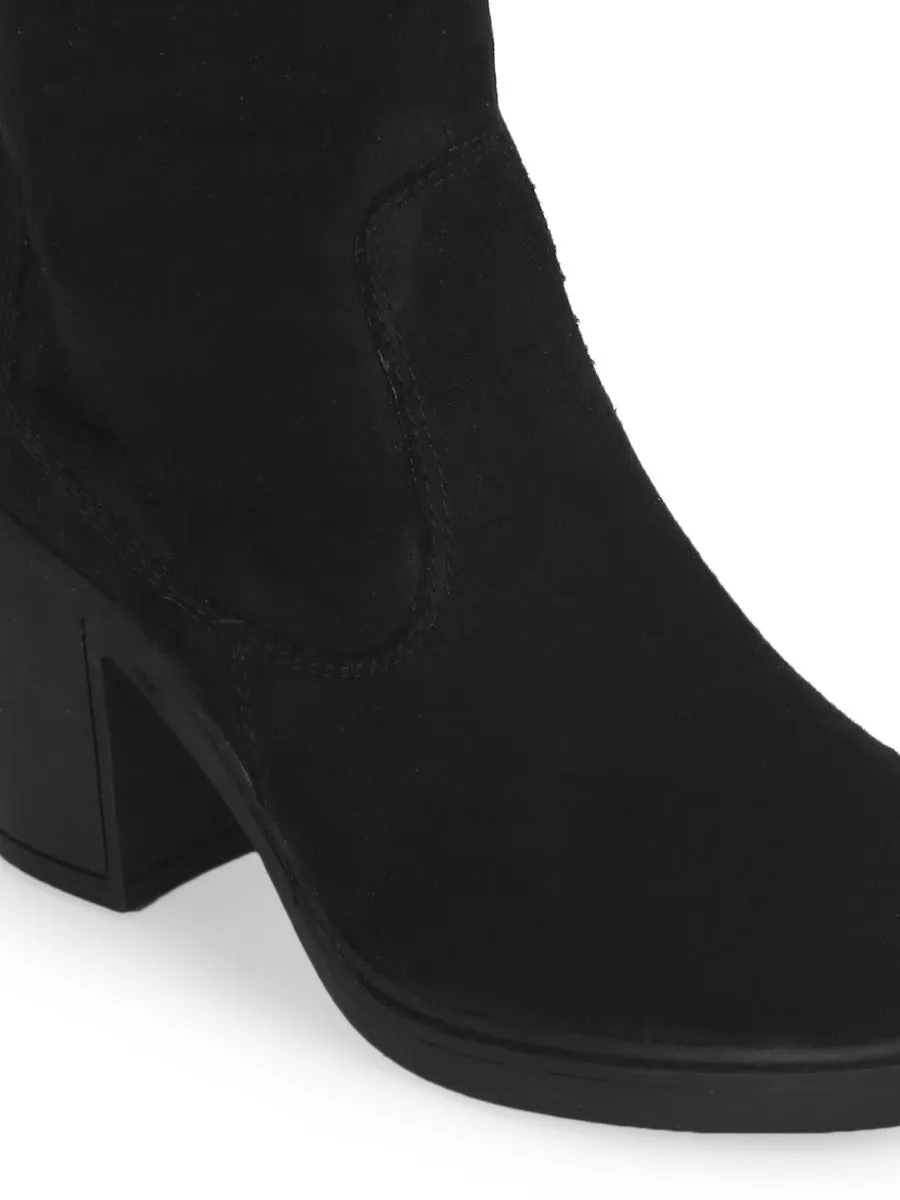 Black Micro Block Heel Long Boots