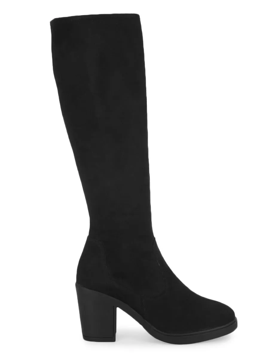 Black Micro Block Heel Long Boots