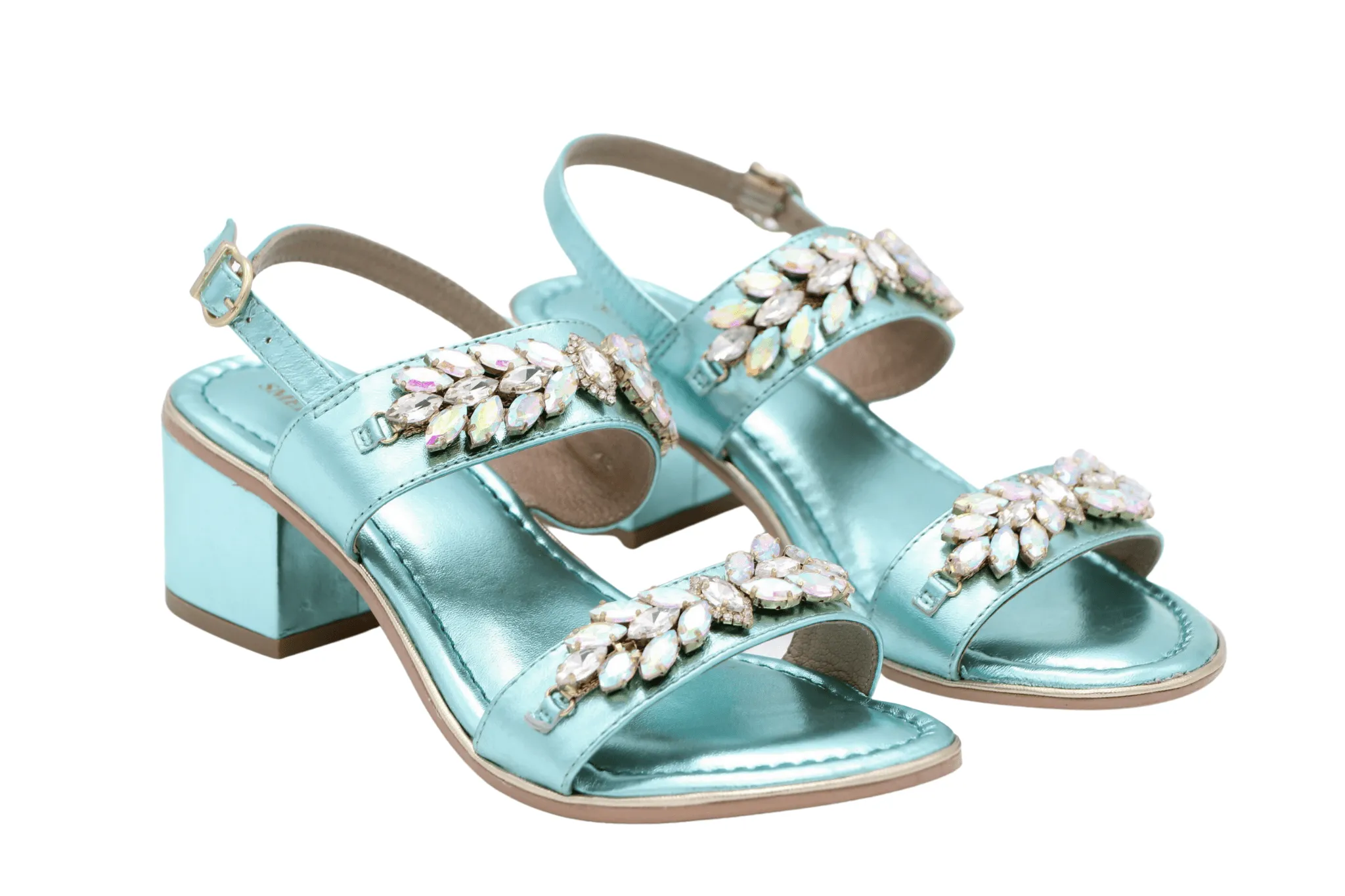 BOTTEGA Aqua Blue Leather Embellished Block Heel Sandal