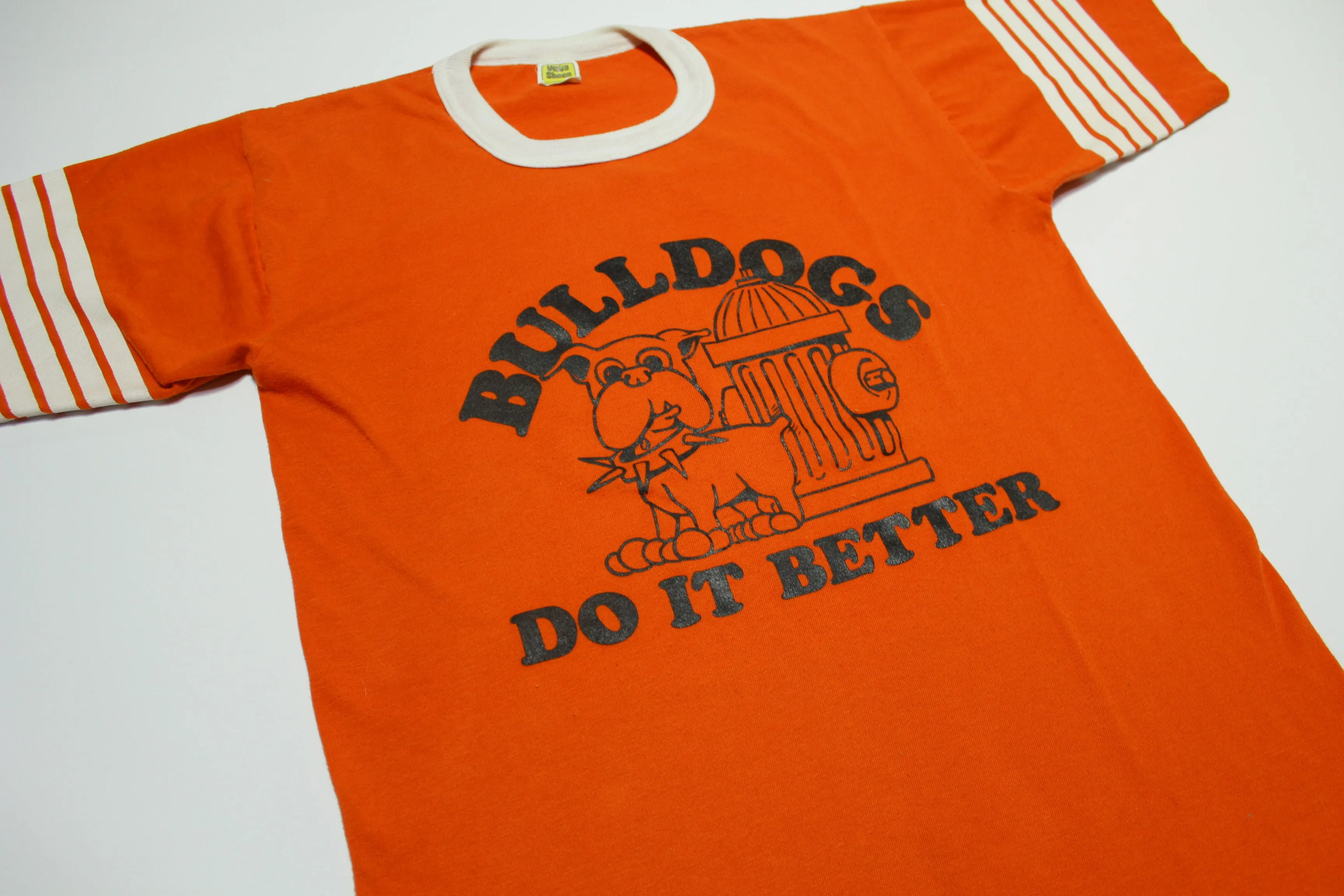 Bulldogs Do It Better Vintage 80's Velva Sheen Funny Striped Sleeve T-Shirt