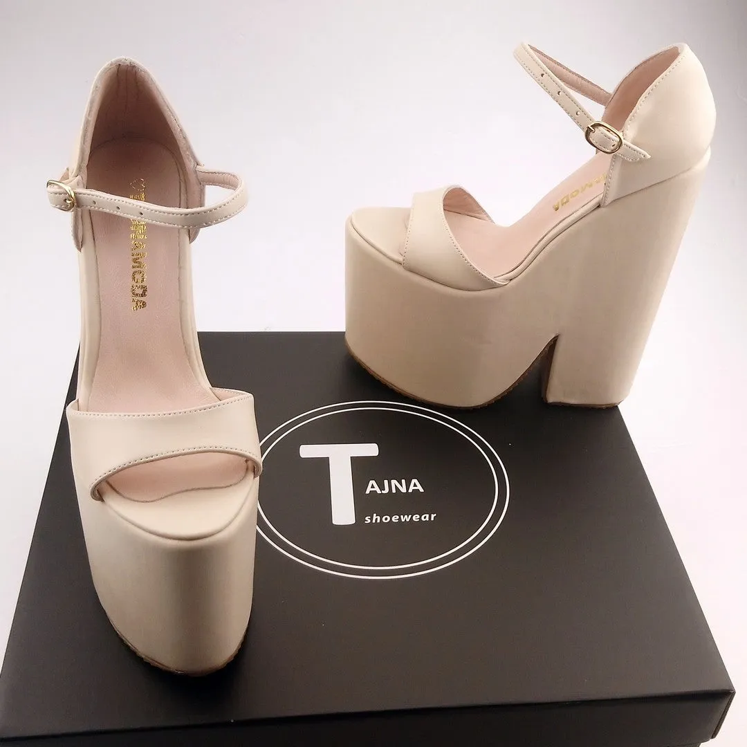 Cream Single Strap High Heel Wedges