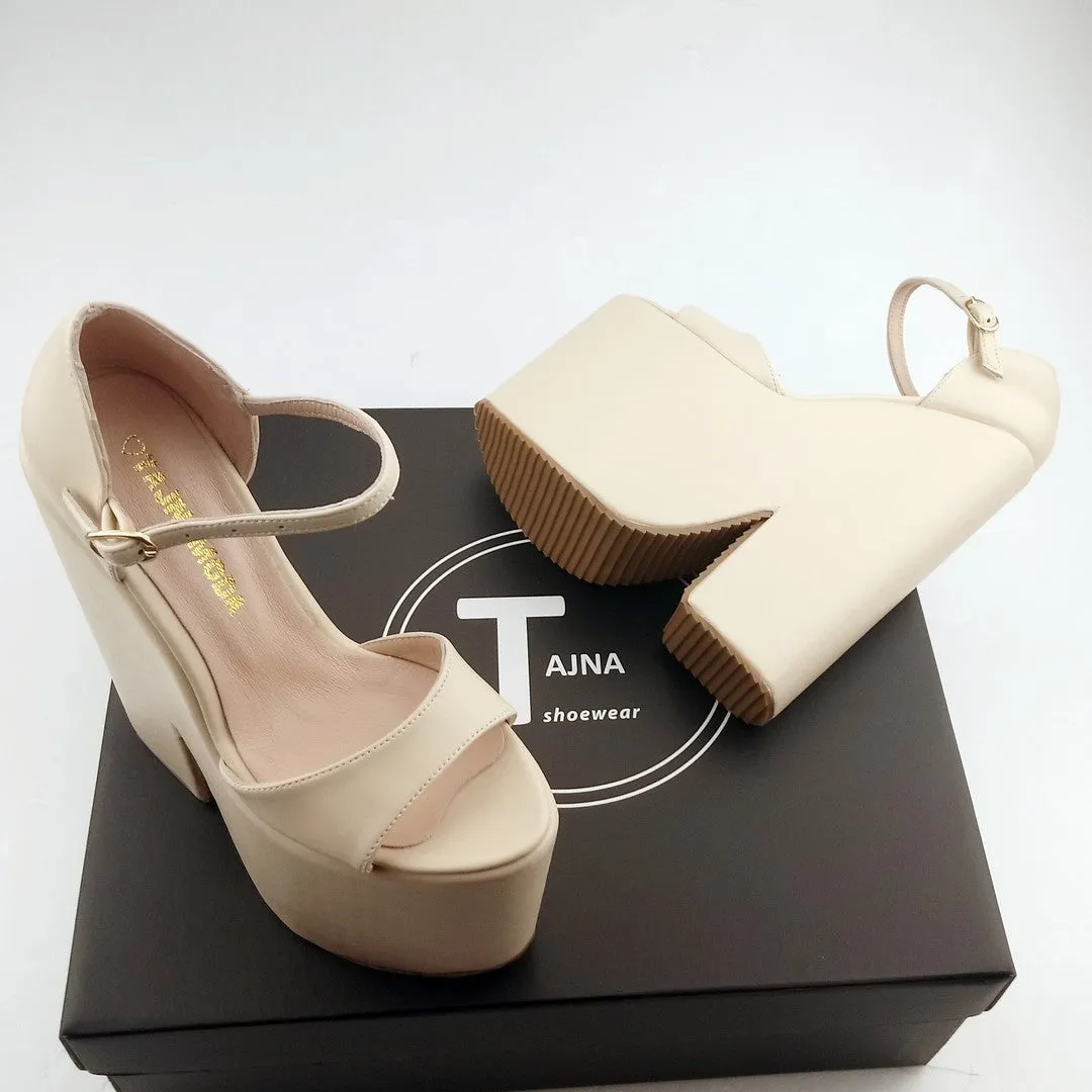 Cream Single Strap High Heel Wedges