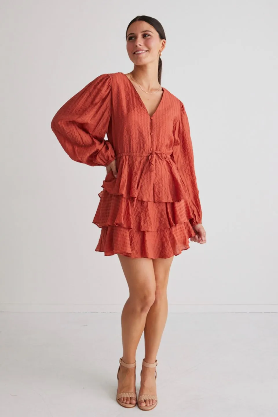 Evita Rust LS V Neck Mini Tiered Dress