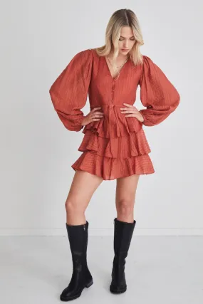 Evita Rust LS V Neck Mini Tiered Dress