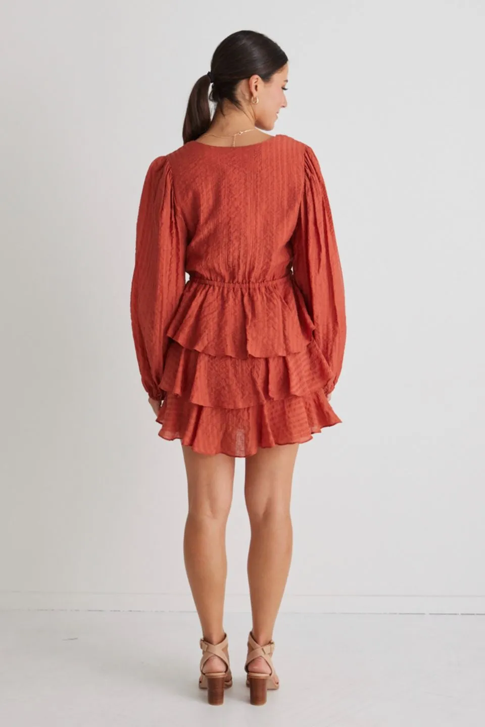 Evita Rust LS V Neck Mini Tiered Dress