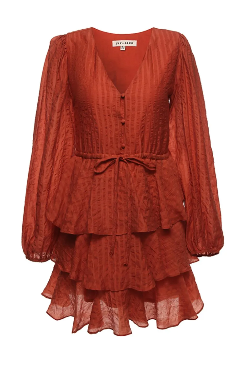 Evita Rust LS V Neck Mini Tiered Dress