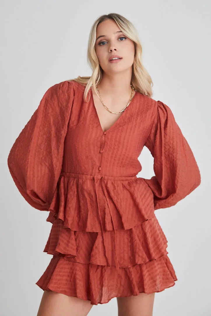 Evita Rust LS V Neck Mini Tiered Dress