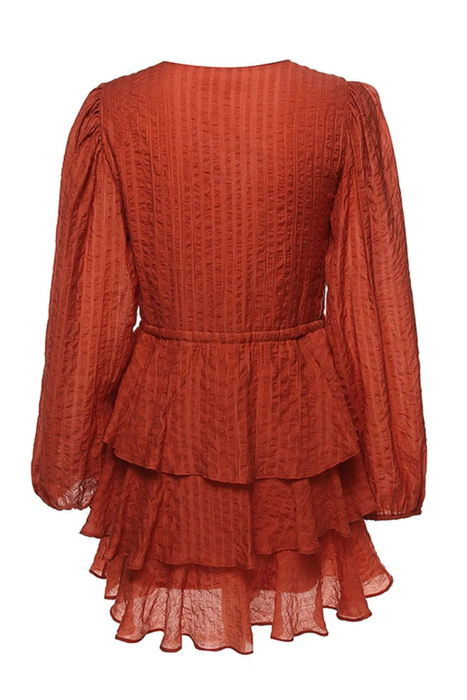 Evita Rust LS V Neck Mini Tiered Dress