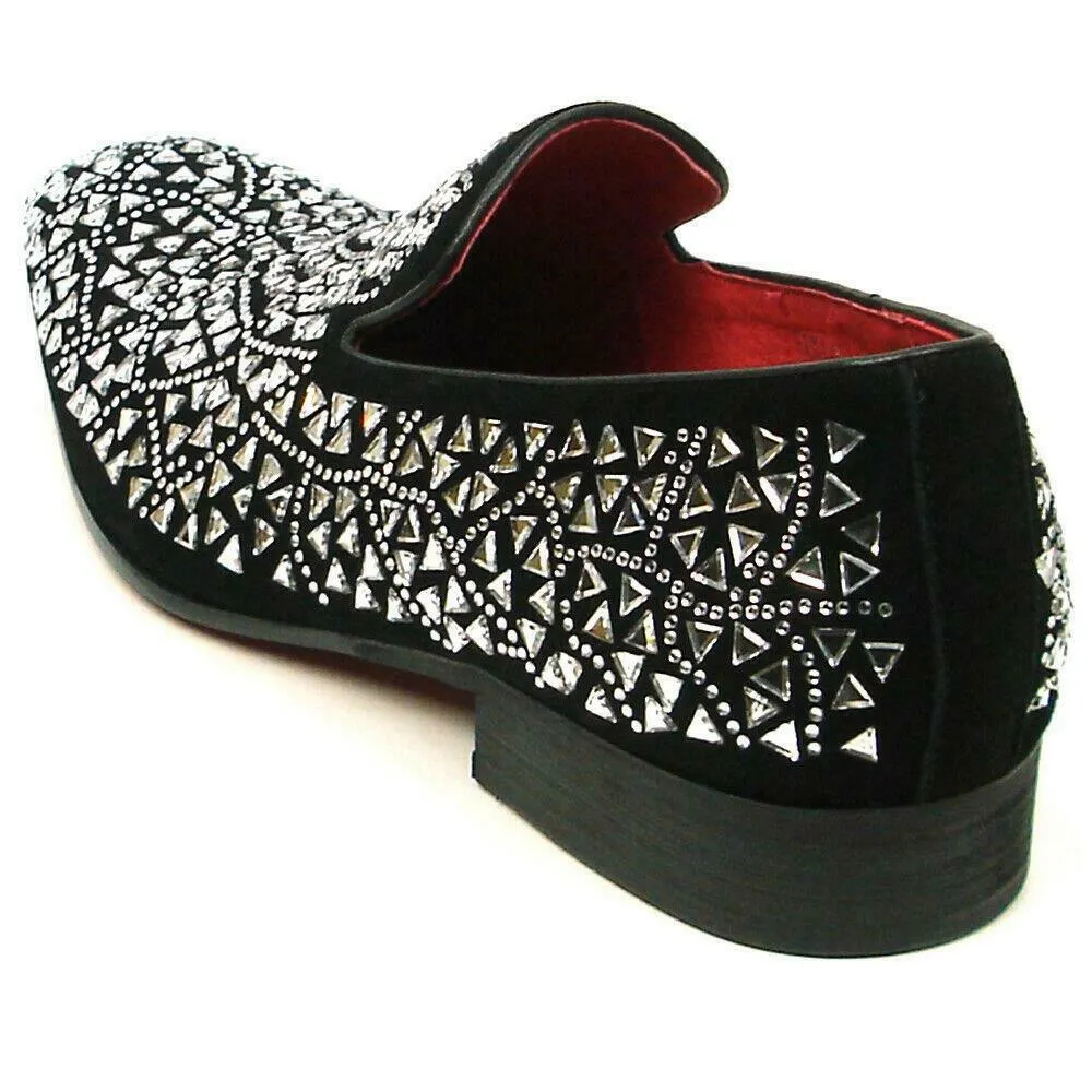 Fiesso Black Suede Silver Rhinestones Formal Entertainer Slip on Shoes FI 7415