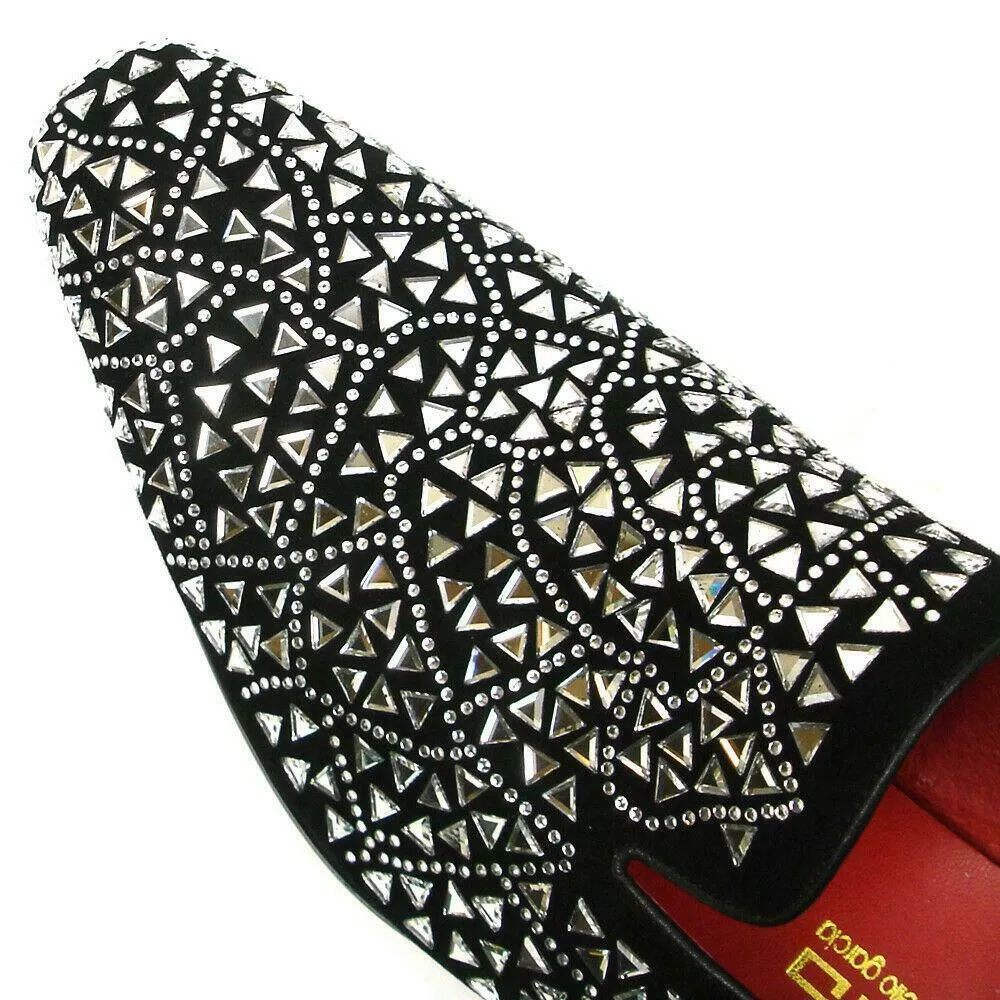 Fiesso Black Suede Silver Rhinestones Formal Entertainer Slip on Shoes FI 7415