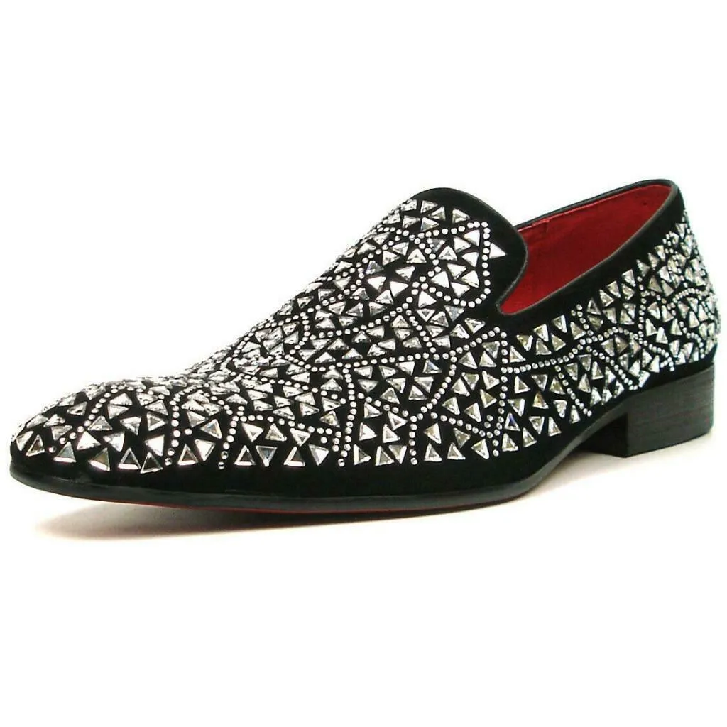 Fiesso Black Suede Silver Rhinestones Formal Entertainer Slip on Shoes FI 7415