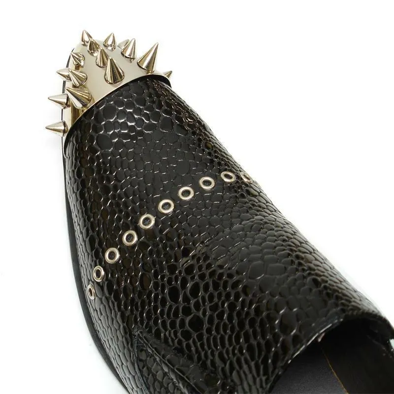 Men's Fiesso Black Patent Snake Leather Pointed Shoes Metal Tip Spikes FI 6946