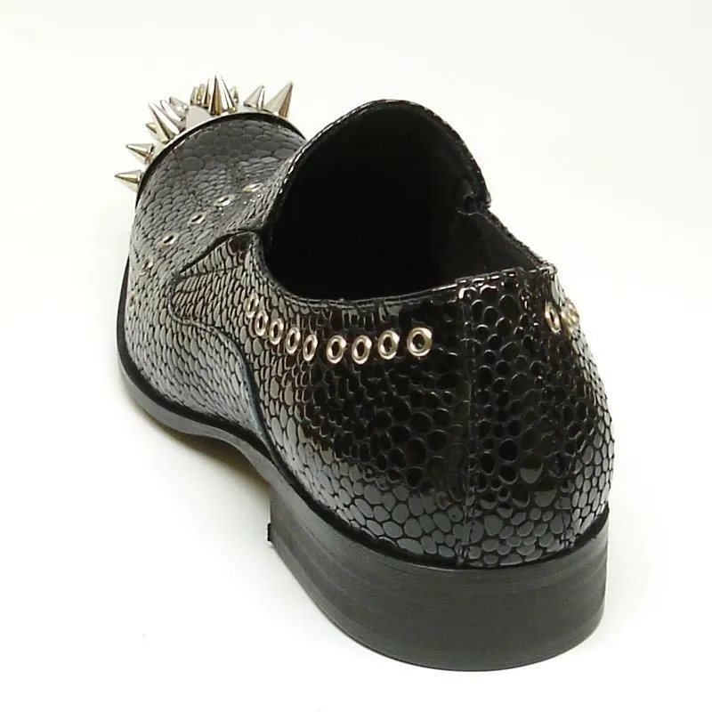 Men's Fiesso Black Patent Snake Leather Pointed Shoes Metal Tip Spikes FI 6946