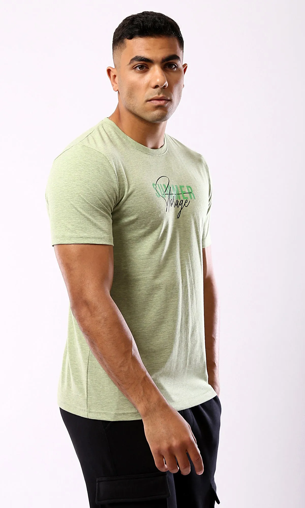 O182125 Round Neck Short Sleeves Printed Tee - Heather Mint