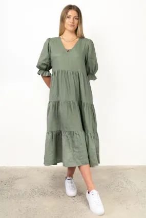 True Love Khaki Linen V Neck SS Puff Sleeve Tiered Maxi Dress