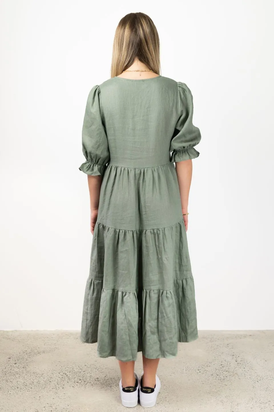 True Love Khaki Linen V Neck SS Puff Sleeve Tiered Maxi Dress