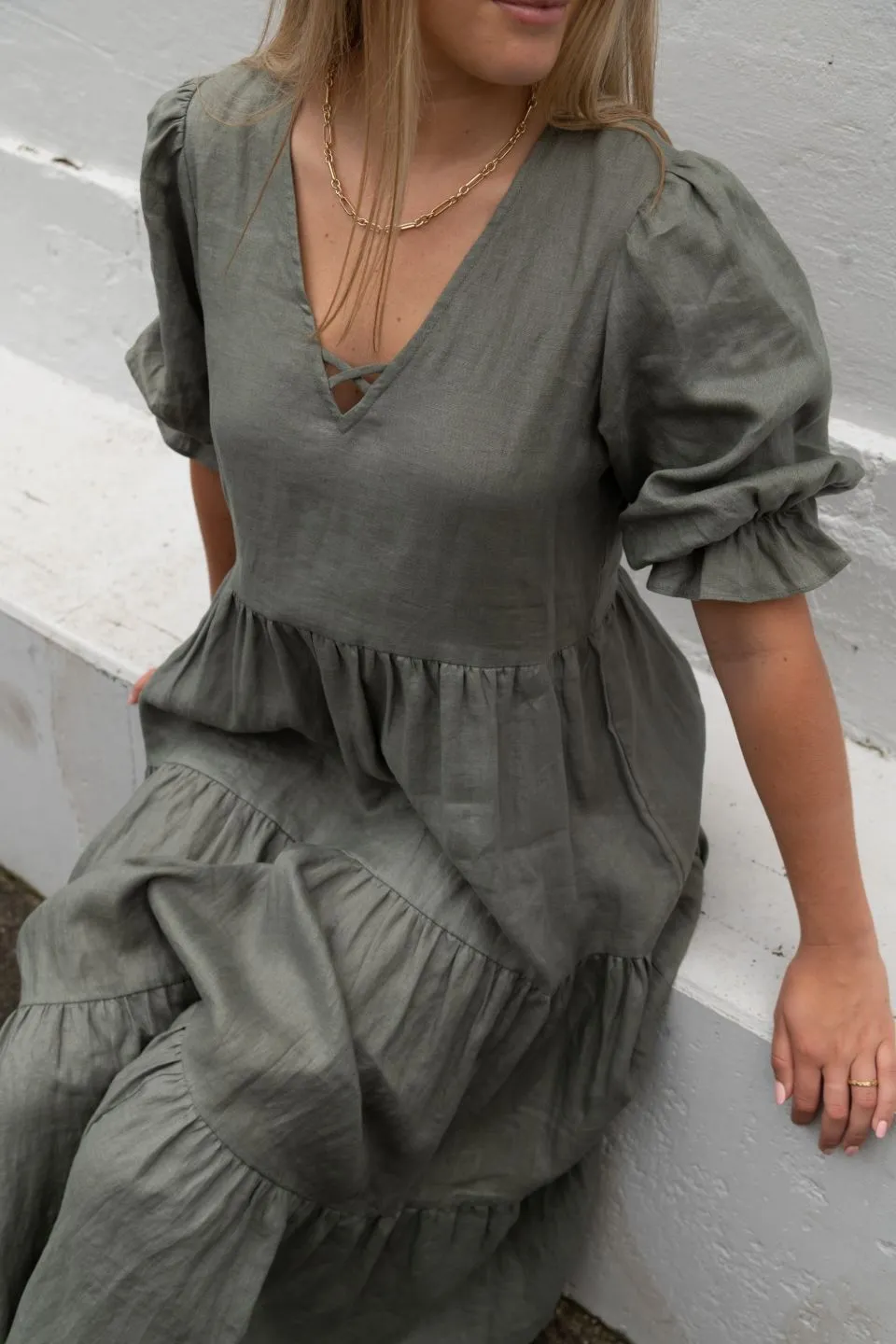 True Love Khaki Linen V Neck SS Puff Sleeve Tiered Maxi Dress