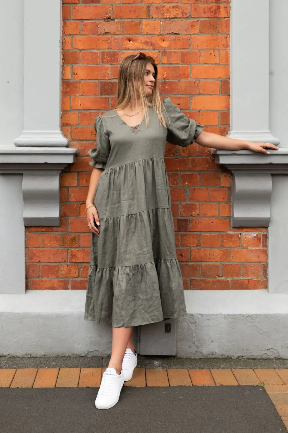 True Love Khaki Linen V Neck SS Puff Sleeve Tiered Maxi Dress